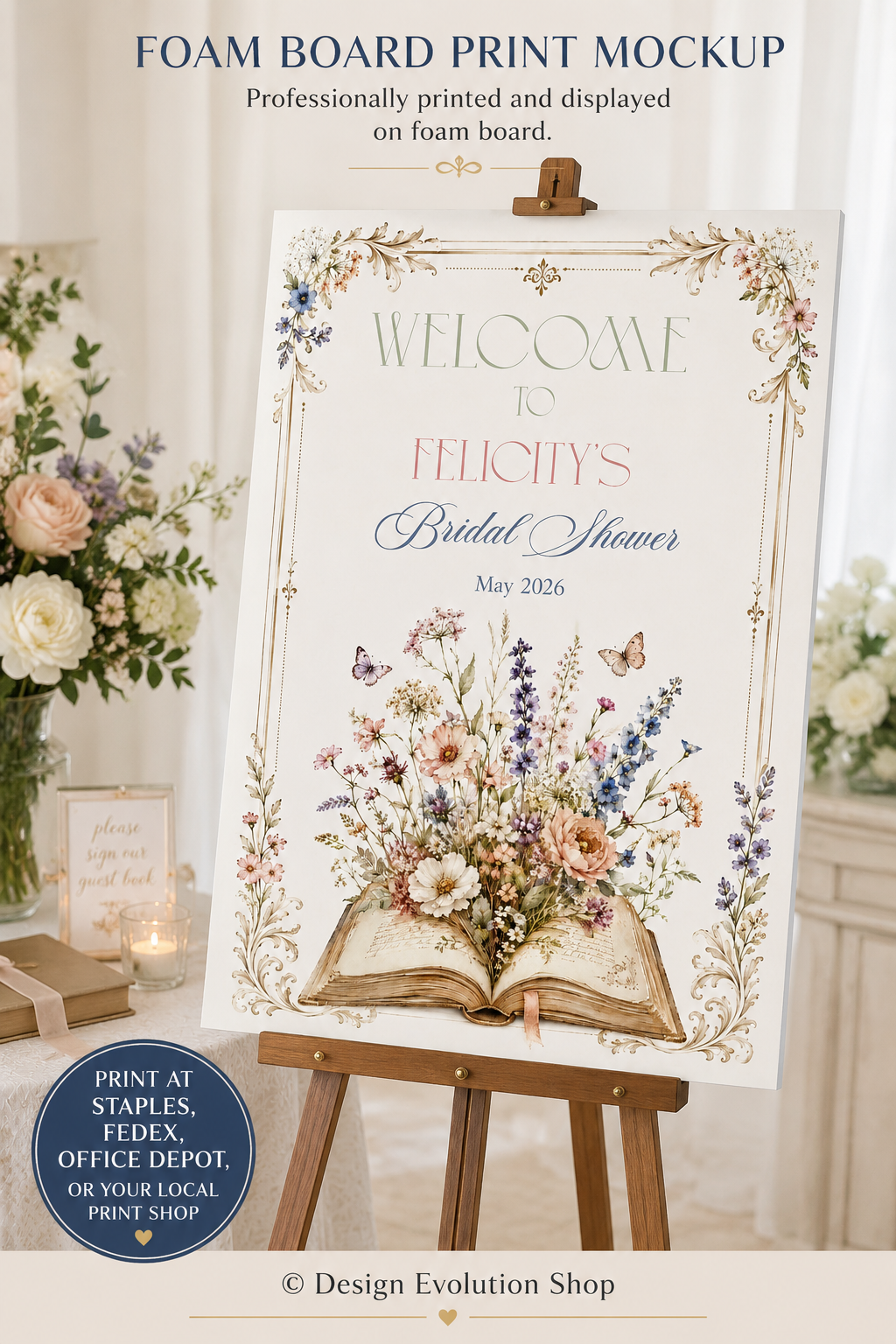 Floral Book Themed Bridal Shower Welcome Sign Editable Template | 24 x 36 Editable Sign