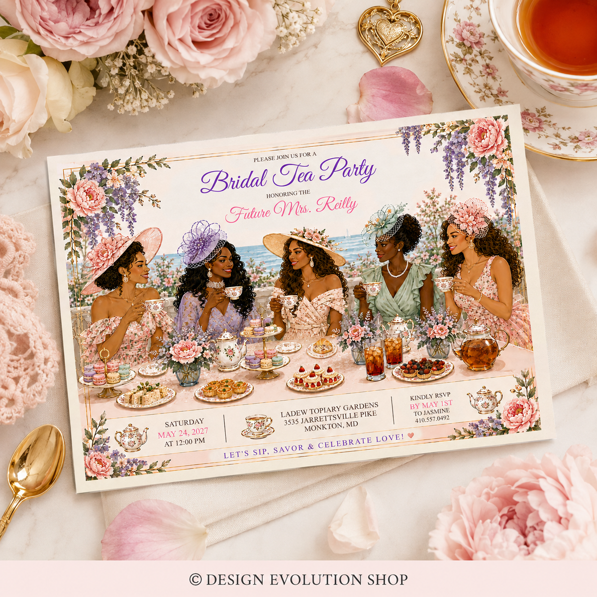 African American Bridal Tea Party Invitation |  Editable Template