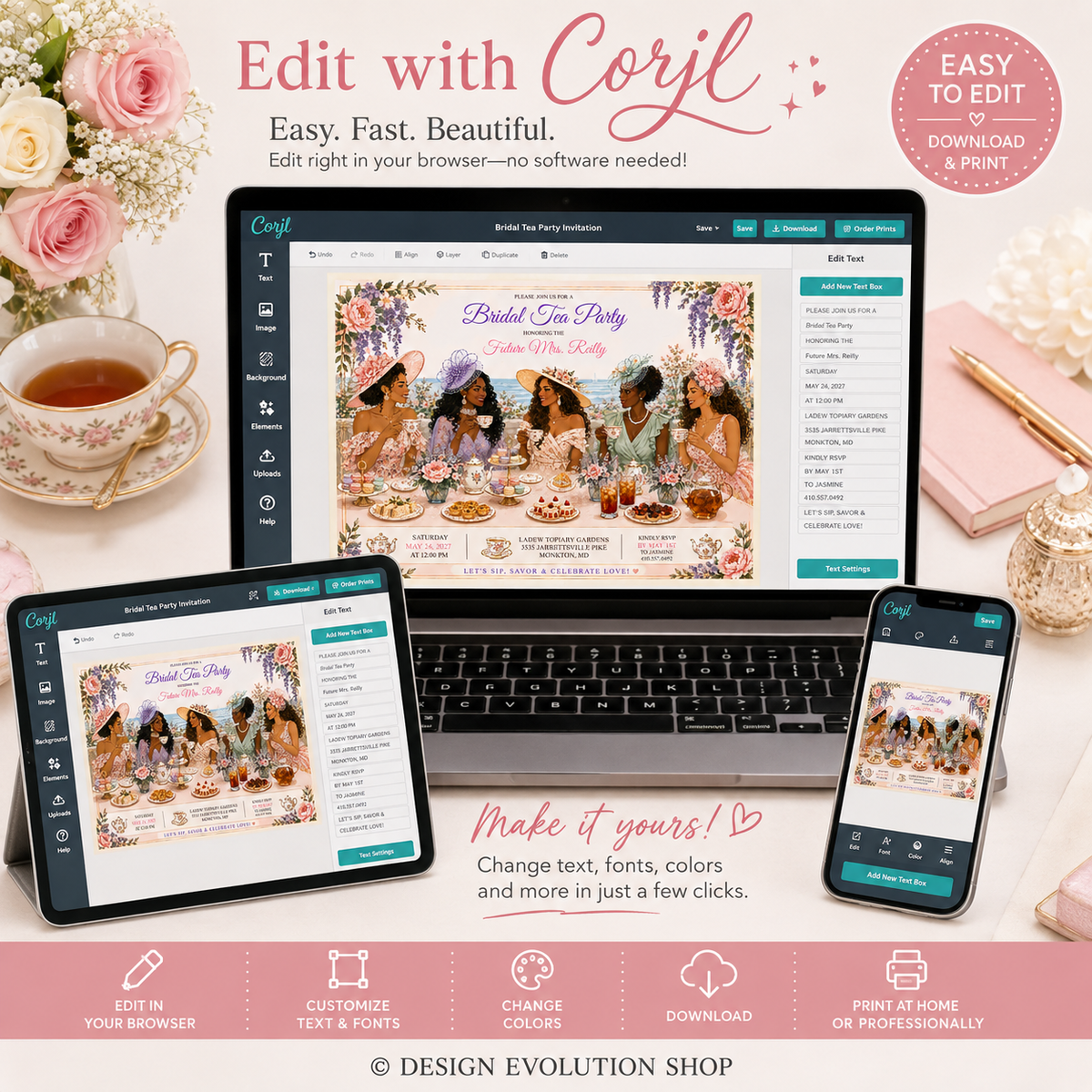 African American Bridal Tea Party Invitation |  Editable Template