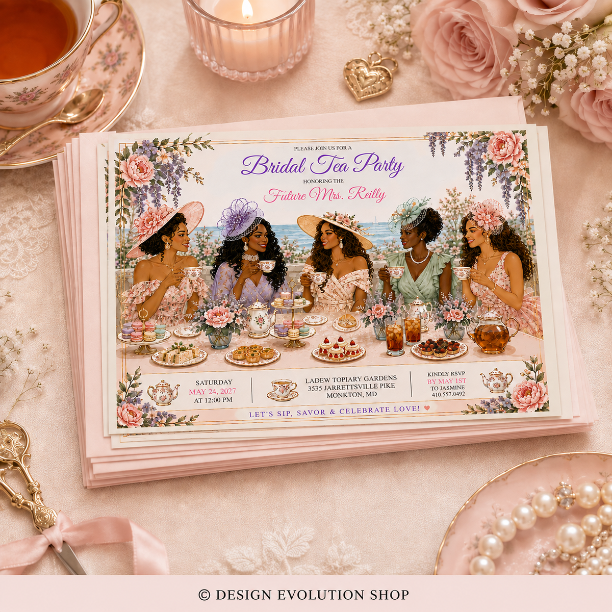 African American Bridal Tea Party Invitation |  Editable Template
