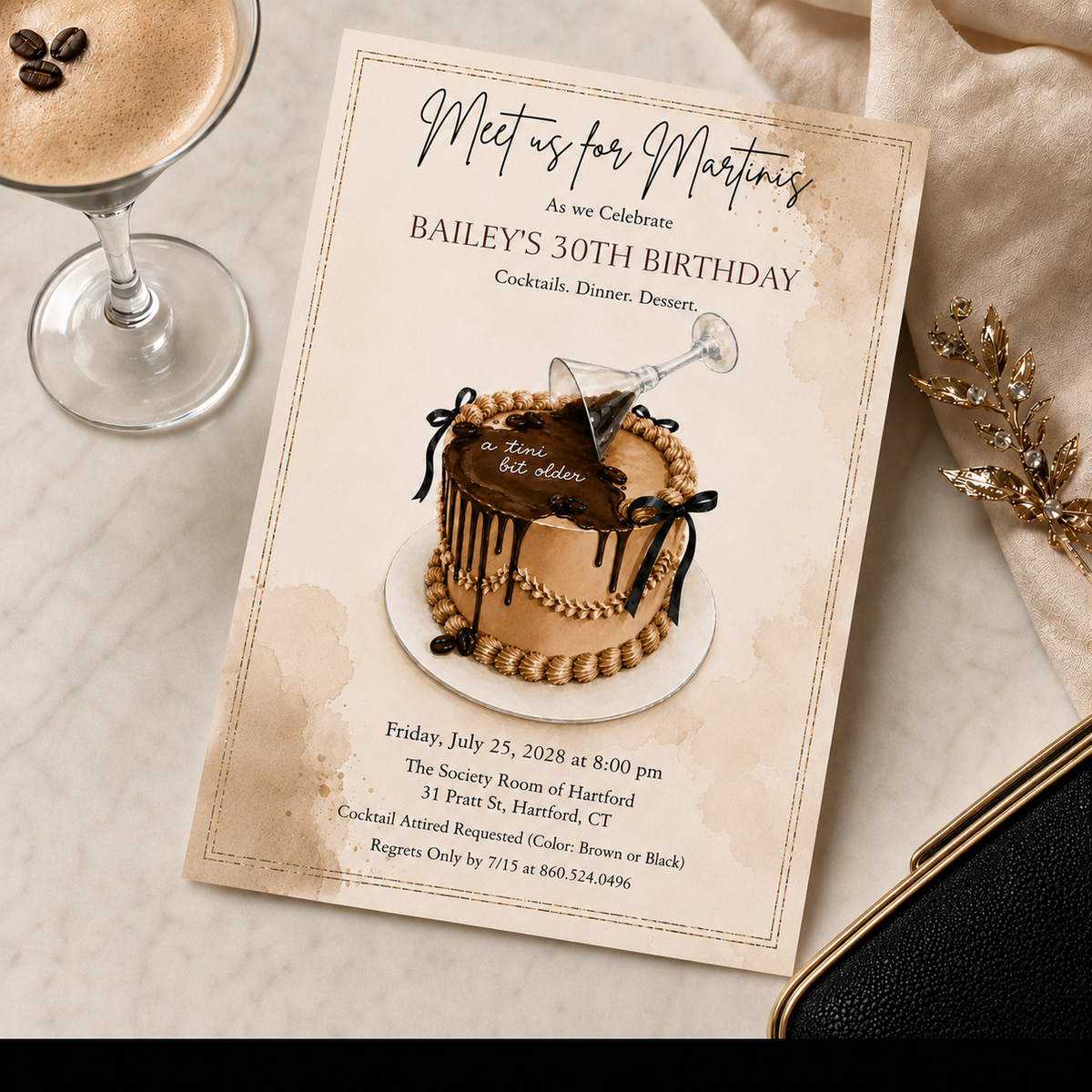 A Tini Bit Older Espresso Chocolate Martini Birthday Cake Invitation |  Editable Template