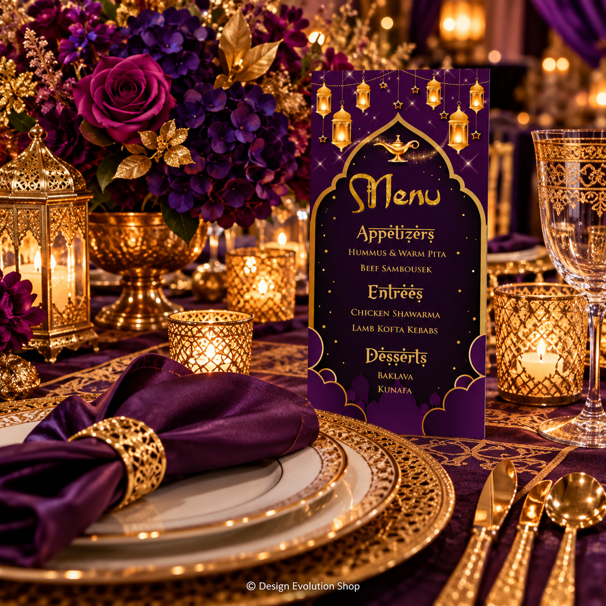 Arabian Nights Invitation  |  Purple & Gold Aladdin Party| Editable Template