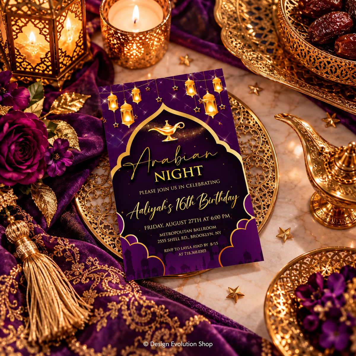 Arabian Nights Invitation  |  Purple & Gold Aladdin Party| Editable Template