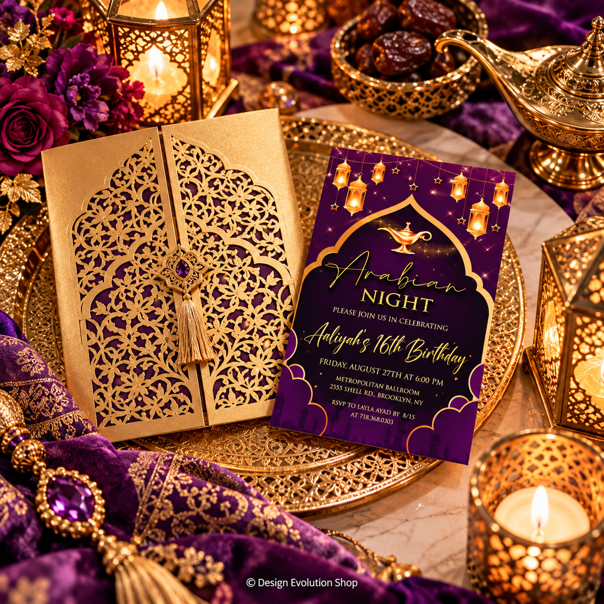 Arabian Nights Invitation  |  Purple & Gold Aladdin Party| Editable Template