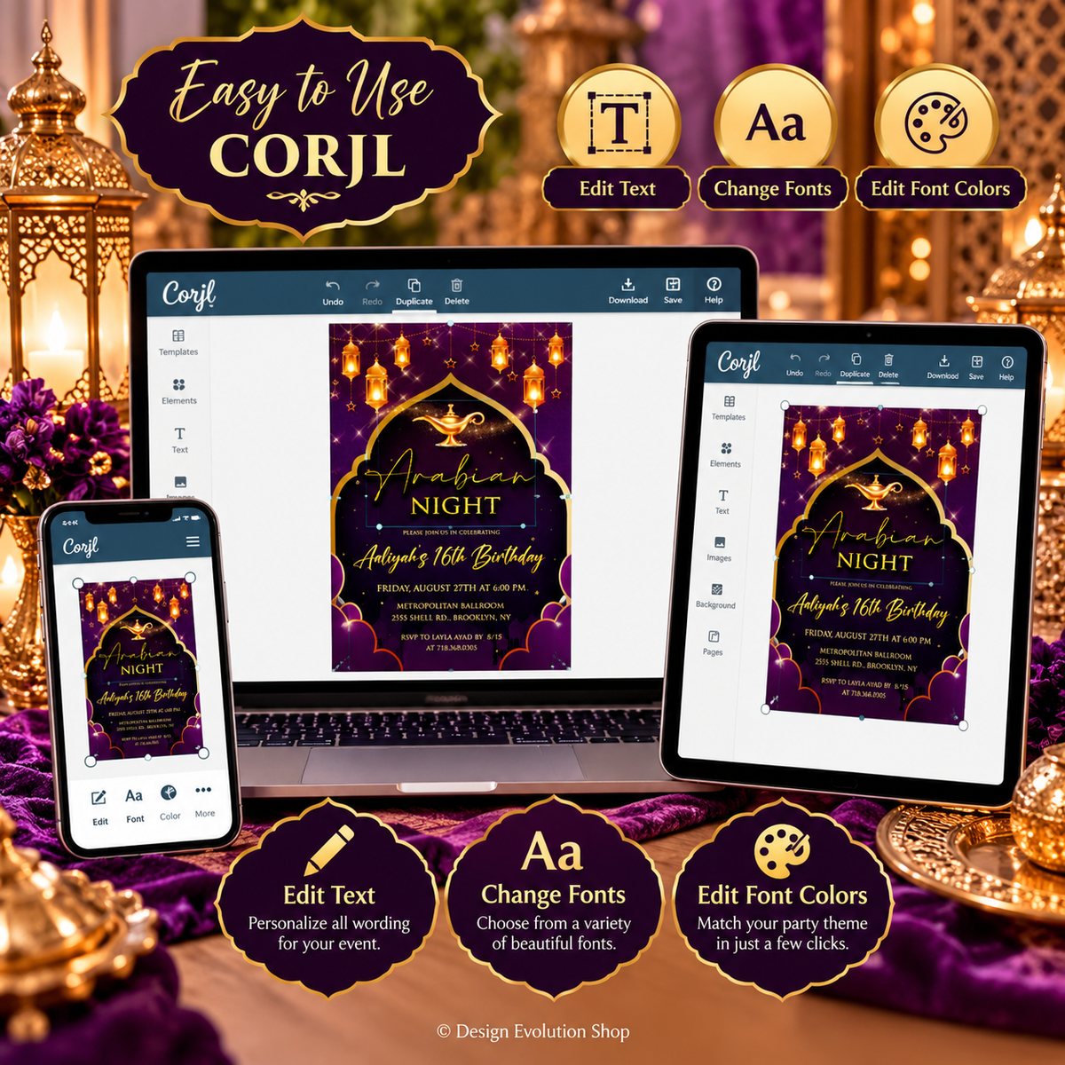 Arabian Nights Invitation  |  Purple & Gold Aladdin Party| Editable Template