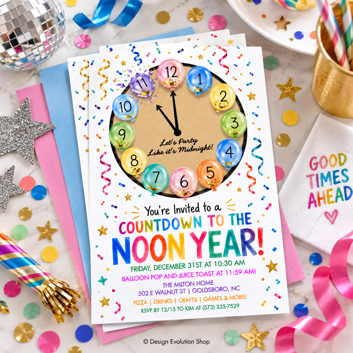 Countdown to the Noon Year Kids New Year’s Eve Party Invitation | Editable Template