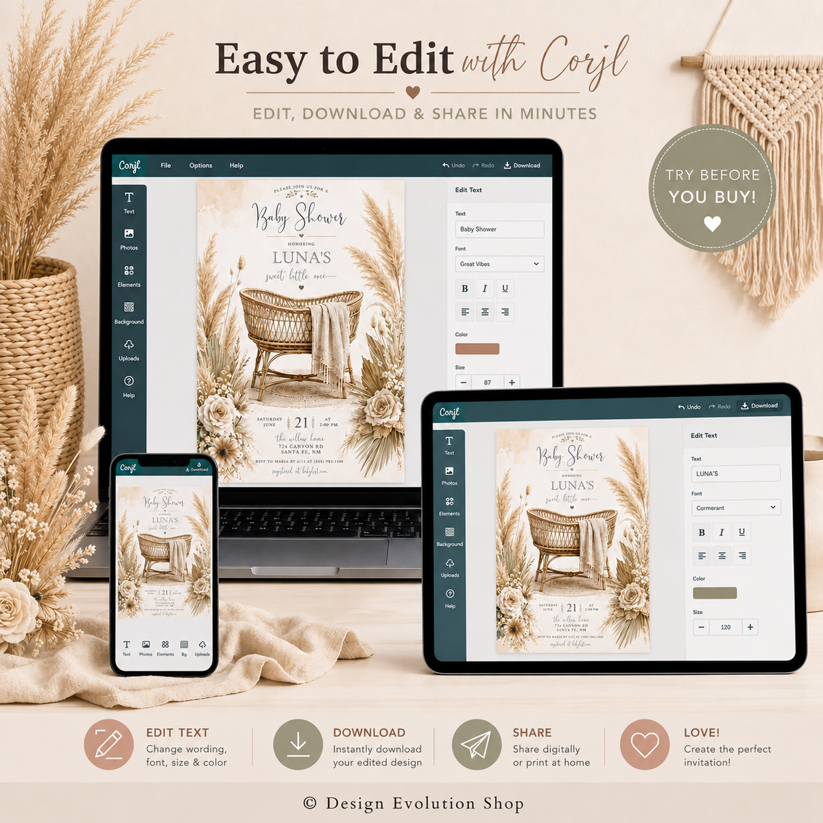 Boho Pampas Grass Baby Shower Invitation |  Editable Template