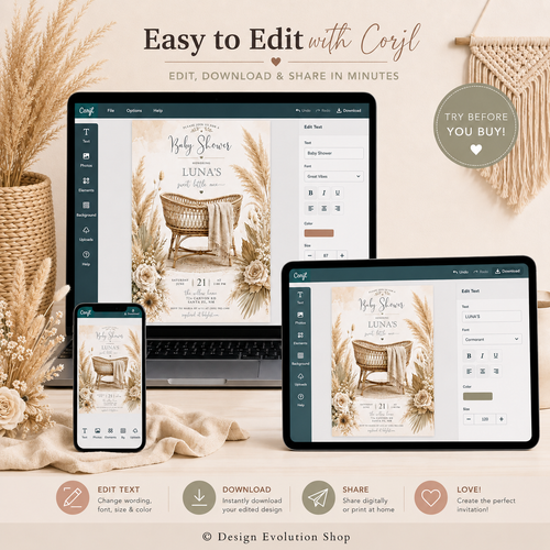 Boho Pampas Grass Baby Shower Invitation |  Editable Template