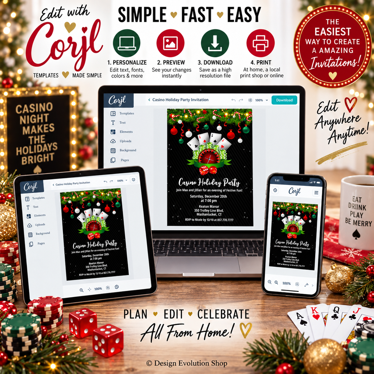 Casino Holiday Party Playing Cards Invitation | Christmas Casino Night |  Editable Template