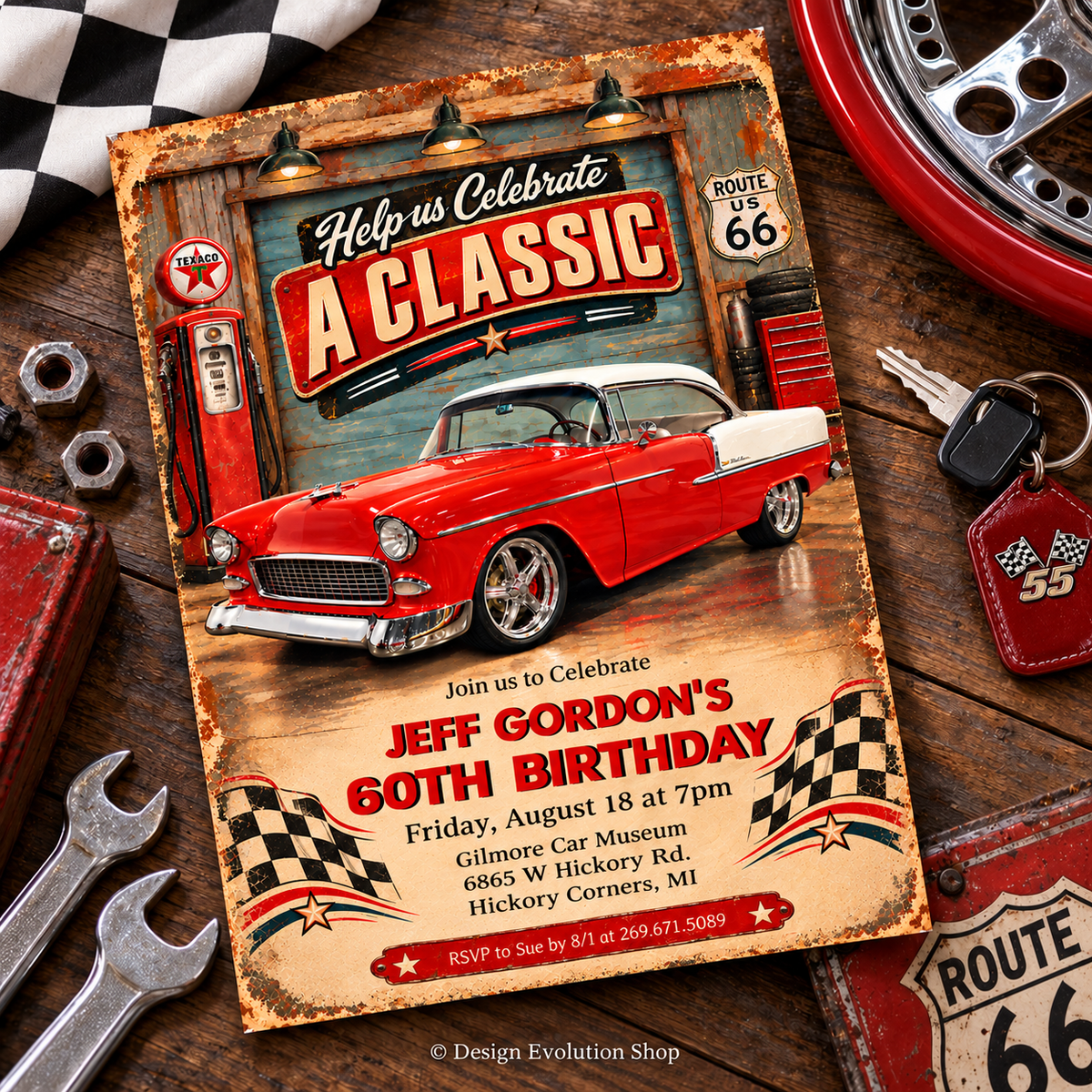 Vintage Classic Car Birthday Invitation | Retro 1950s Garage Red Chevy | Editable Template
