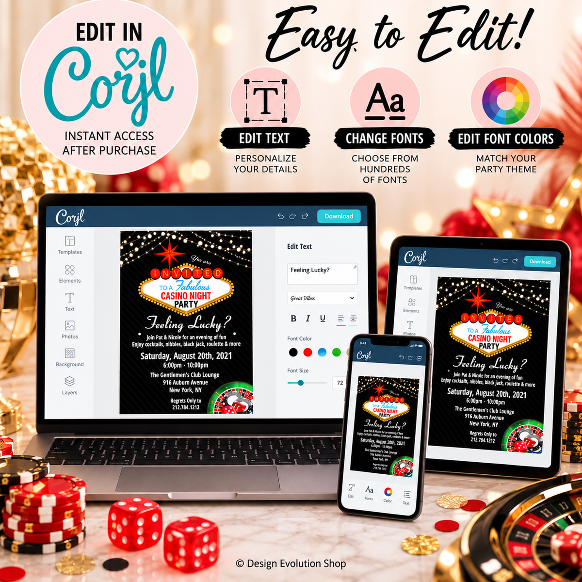 Casino Night Party Invitation | Las Vegas Casino | Editable Template