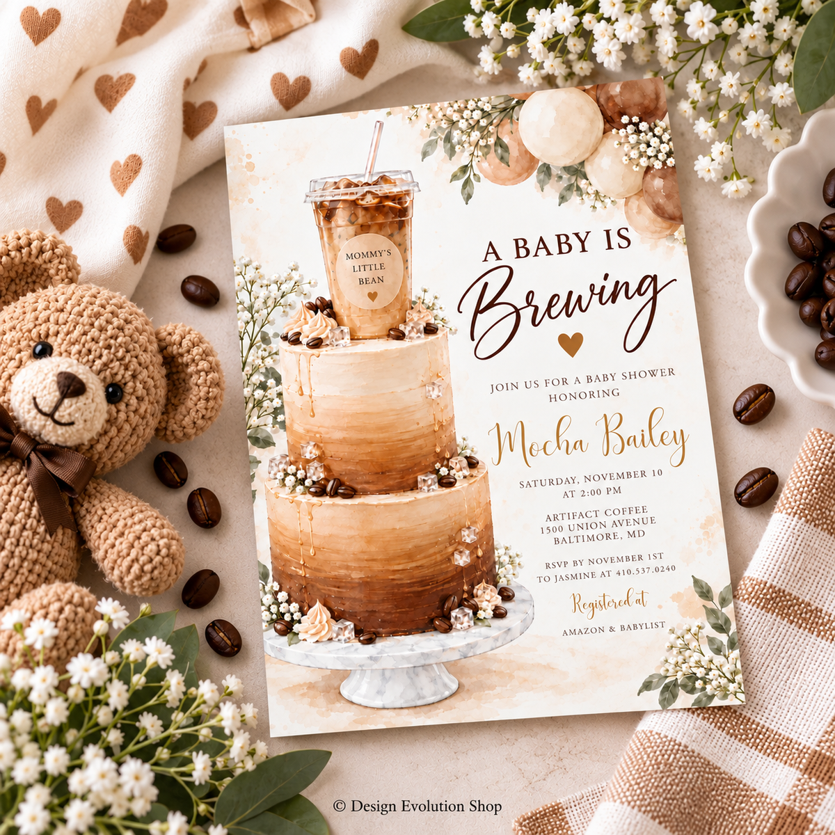 A Baby Is Brewing Baby Shower Invitation | Coffee & Cake |  Editable Template