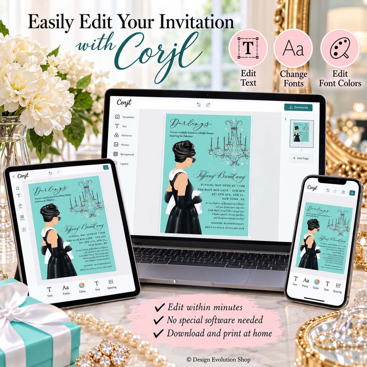 Breakfast at Tiffany’s Bridal Shower Invitation Ivory | Black Hair Editable Template
