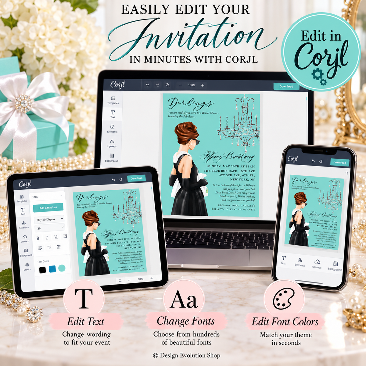 Breakfast at Tiffany’s Bridal Shower Invitation Brunette | Editable Template