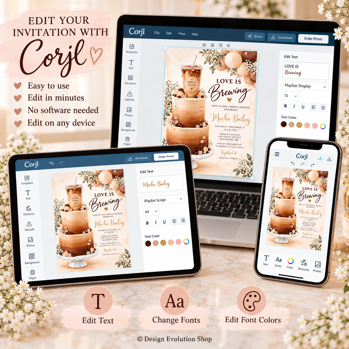 Love Is Brewing Bridal Shower Invitation | Coffee & Cake |  Editable Template