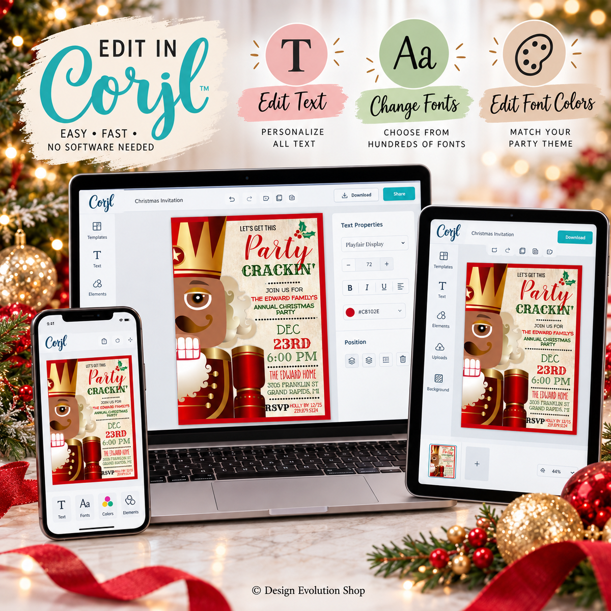 African American Nutcracker Christmas Party Invitation  |  Holiday Party Invite | Editable Template