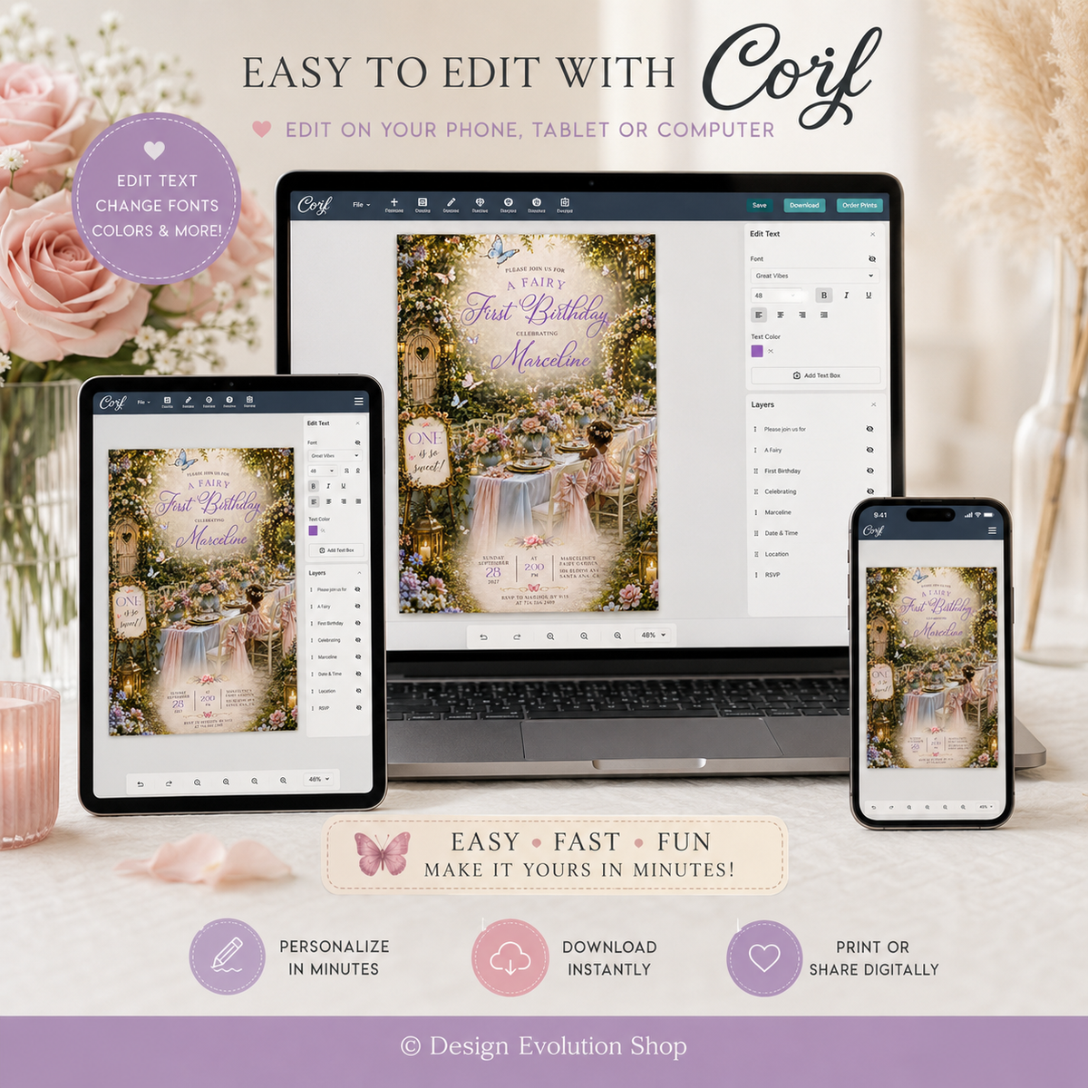 African American Fairy First Birthday Invitation |  Editable Template