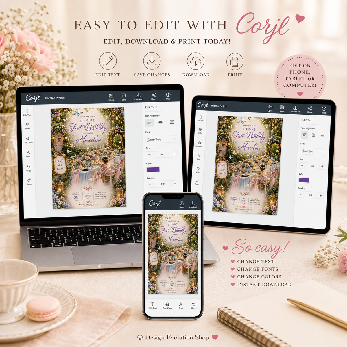 Fairy First Birthday Invitation |  Editable Template