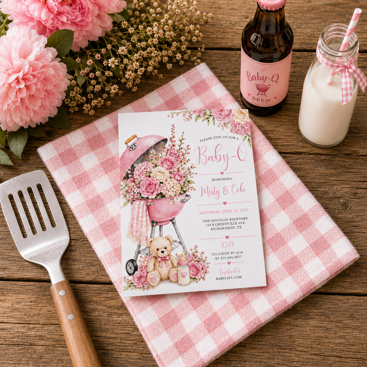 Baby-Q BBQ Shower Invitation | Pink Floral Grill |  Editable Template