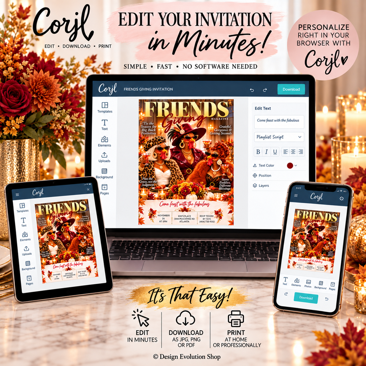 Friendsgiving Invitation | Fabulous Turkey Ladies Thanksgiving Dinner Party | Editable Template