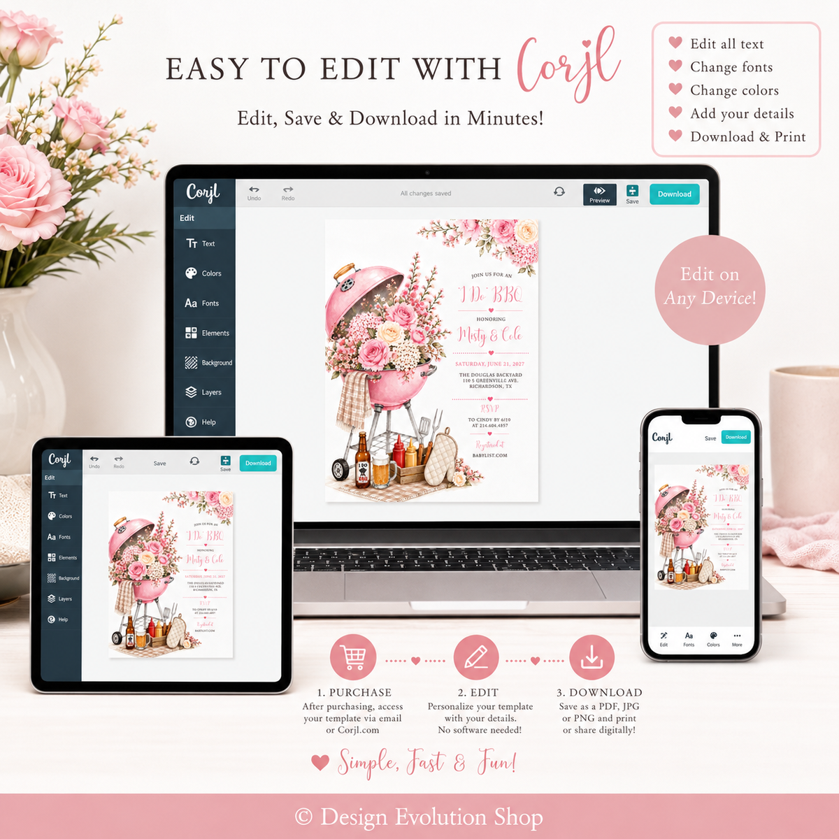 I Do BBQ Couples Shower | Pink Floral Barbecue Grill Invitation |  Editable Template