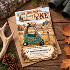 A rustic hunting-themed first birthday invitation card is displayed on a brown kraft envelope over a wooden surface, surrounded by antlers, pinecones, autumn leaves, and binoculars. The card features a cartoon deer in a green Cozy Car with a bow tie, set against a fall forest background with text reading 'Our Little Buck is turning One' and 'Dakota's 1st Birthday'.