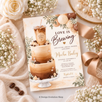 A styled flat-lay of a bridal shower invitation card featuring a three-tier coffee cake illustration and the text 'Love is Brewing.' The card is surrounded by cream roses, baby's breath, coffee beans, a satin ribbon, and a pearl-covered dish on a neutral fabric background.