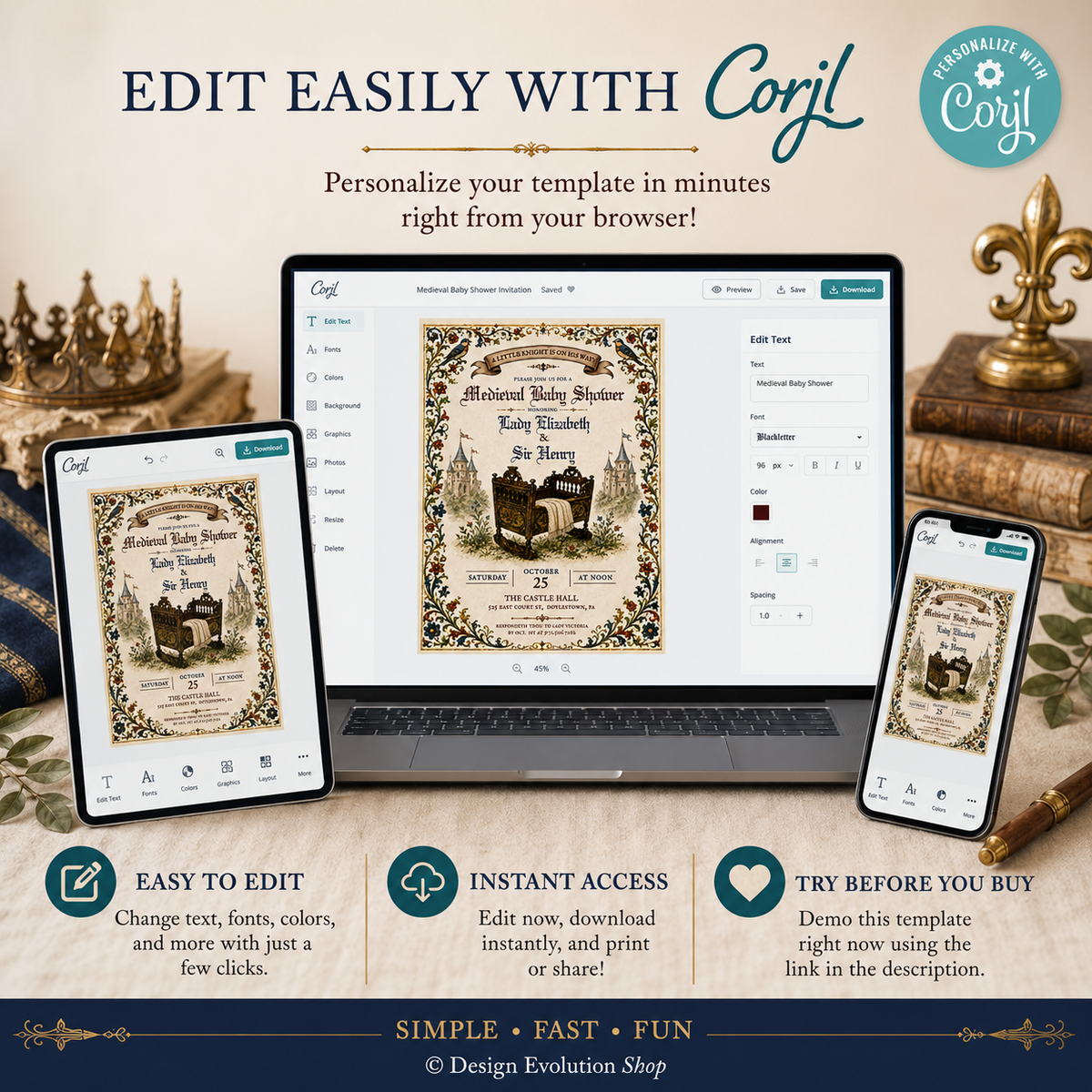Medieval Renaissance Baby Shower Invitation |  Editable Template