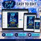 Neon Ice Skating Birthday Invitation Blue Yellow | Editable Template