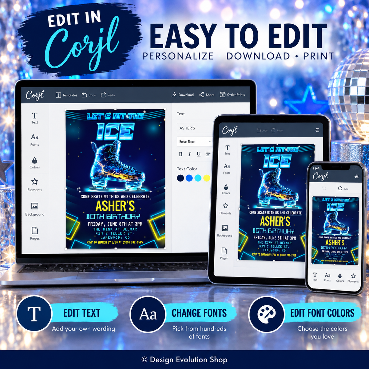 Neon Ice Skating Birthday Invitation Blue Yellow | Editable Template