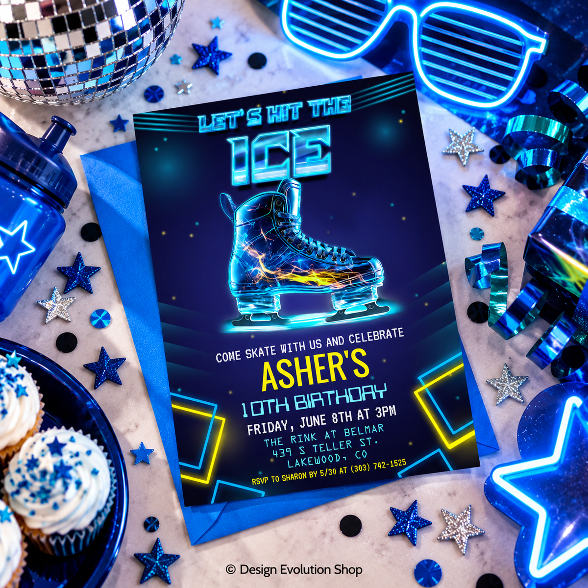 Neon Ice Skating Birthday Invitation Blue Yellow | Editable Template
