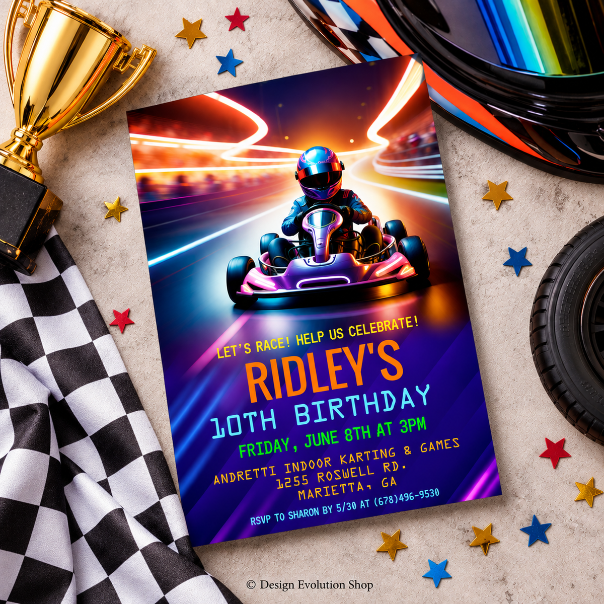 Neon Go Kart Racing Birthday Invitation | Race Car Party Invite | Editable Template