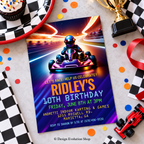 Neon Go Kart Racing Birthday Invitation | Race Car Party Invite | Editable Template