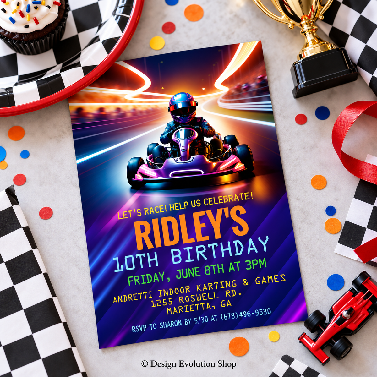 Neon Go Kart Racing Birthday Invitation | Race Car Party Invite | Editable Template