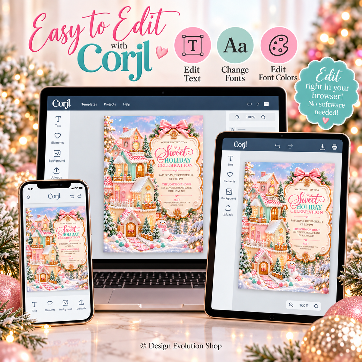 Pink Gingerbread House Sweet Holiday Celebration Invitation | Editable Template