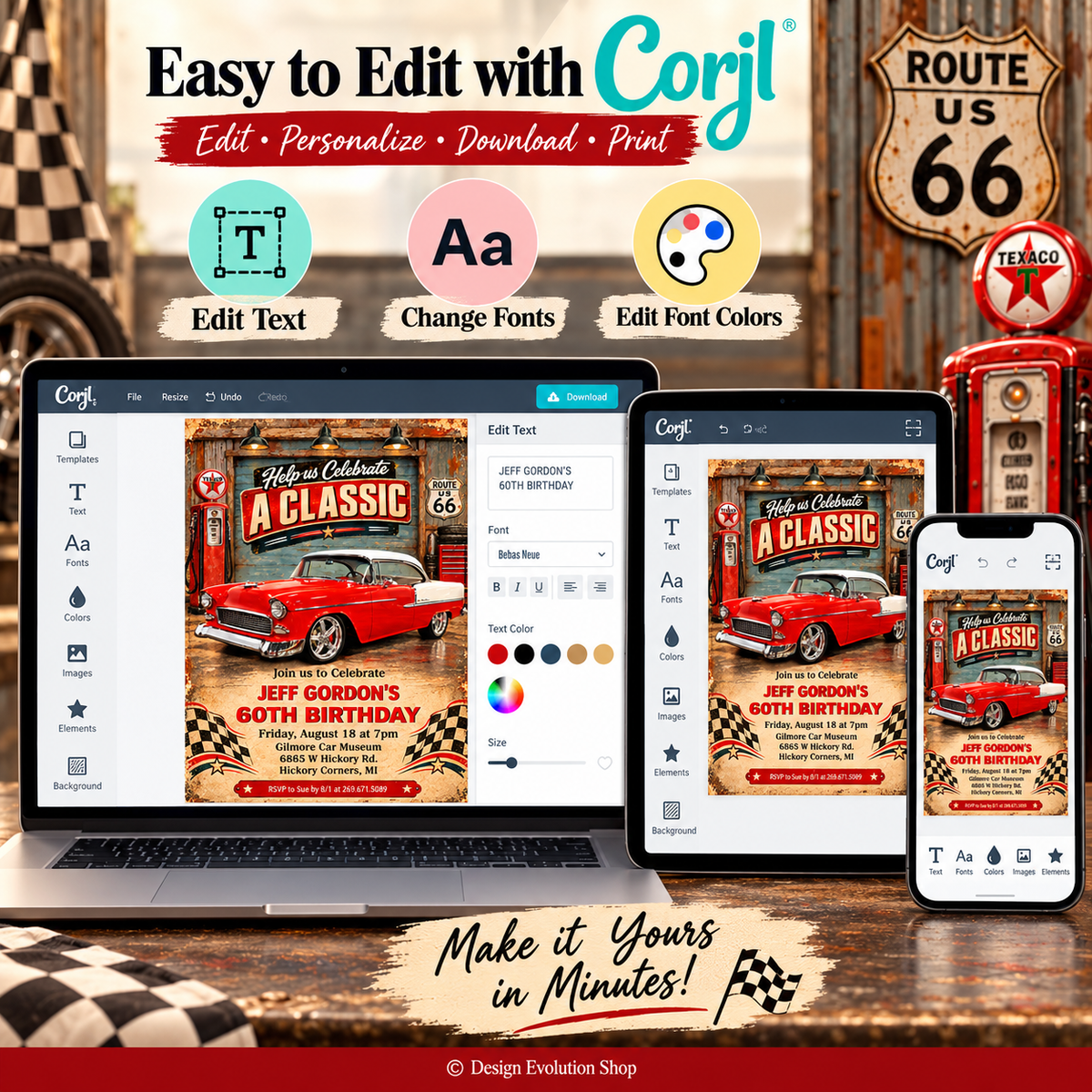 Vintage Classic Car Birthday Invitation | Retro 1950s Garage Red Chevy | Editable Template