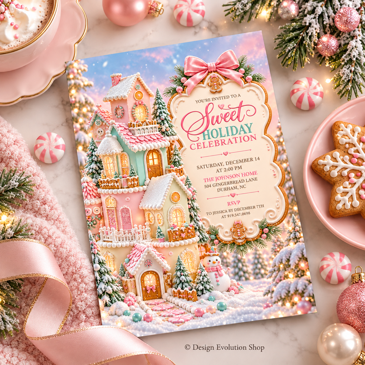 Pink Gingerbread House Sweet Holiday Celebration Invitation | Editable Template