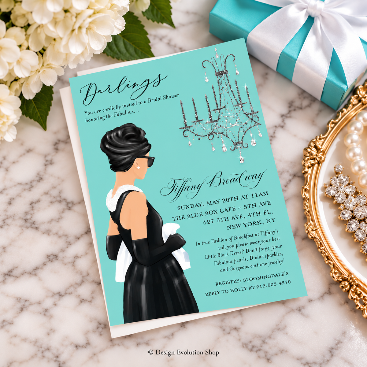 Breakfast at Tiffany’s Bridal Shower Invitation Ivory | Black Hair Editable Template