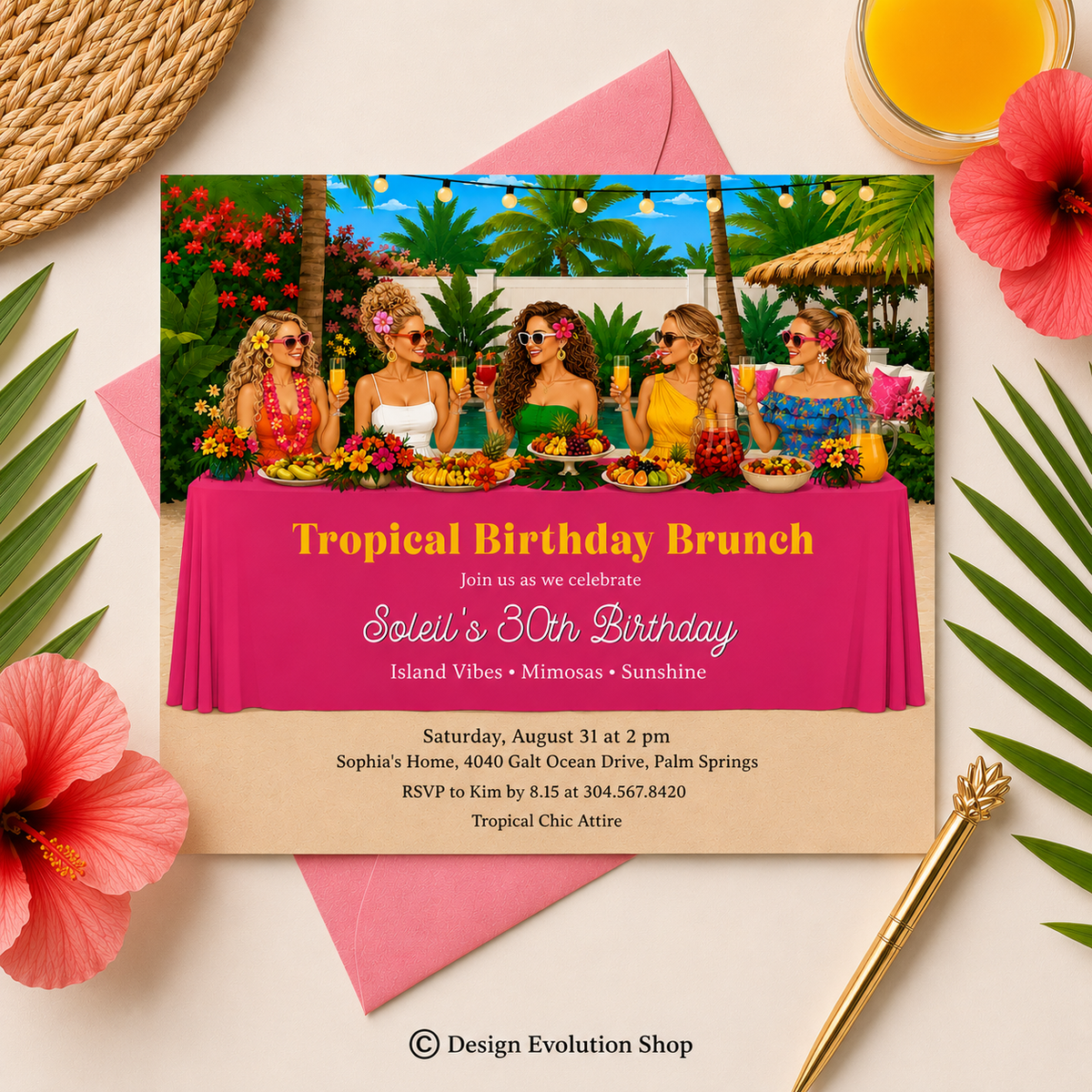 Tropical Birthday Brunch Table Invitation | Editable Template