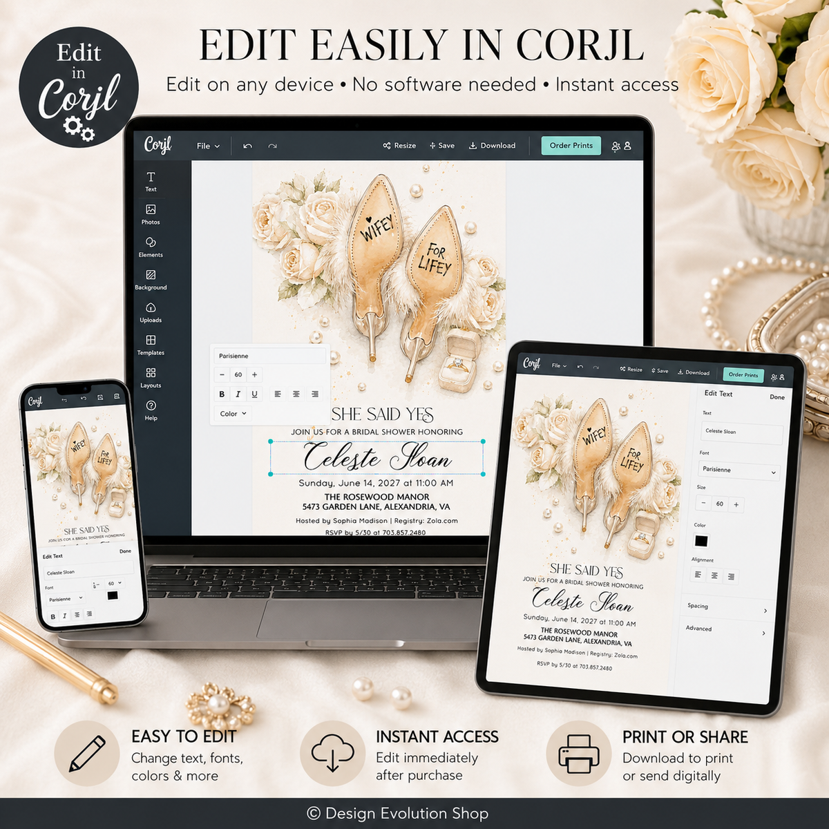 Wifey for Lifey High Heels Floral Bridal Shower Invitation |  Editable Template
