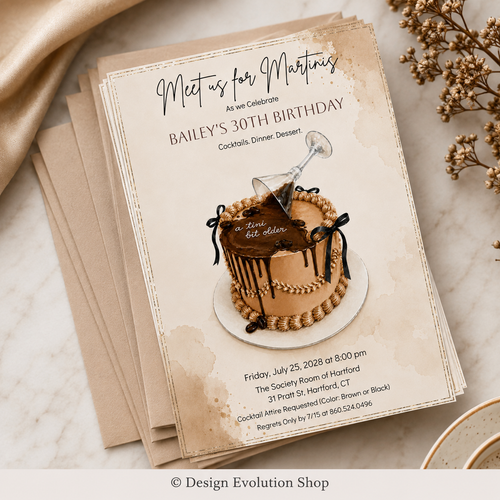A Tini Bit Older Espresso Chocolate Martini Birthday Cake Invitation |  Editable Template