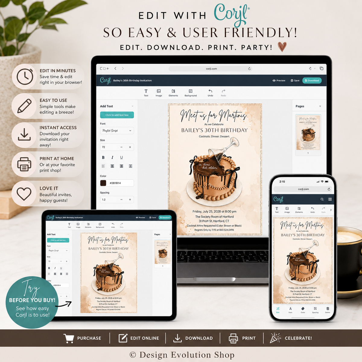 A Tini Bit Older Espresso Chocolate Martini Birthday Cake Invitation |  Editable Template