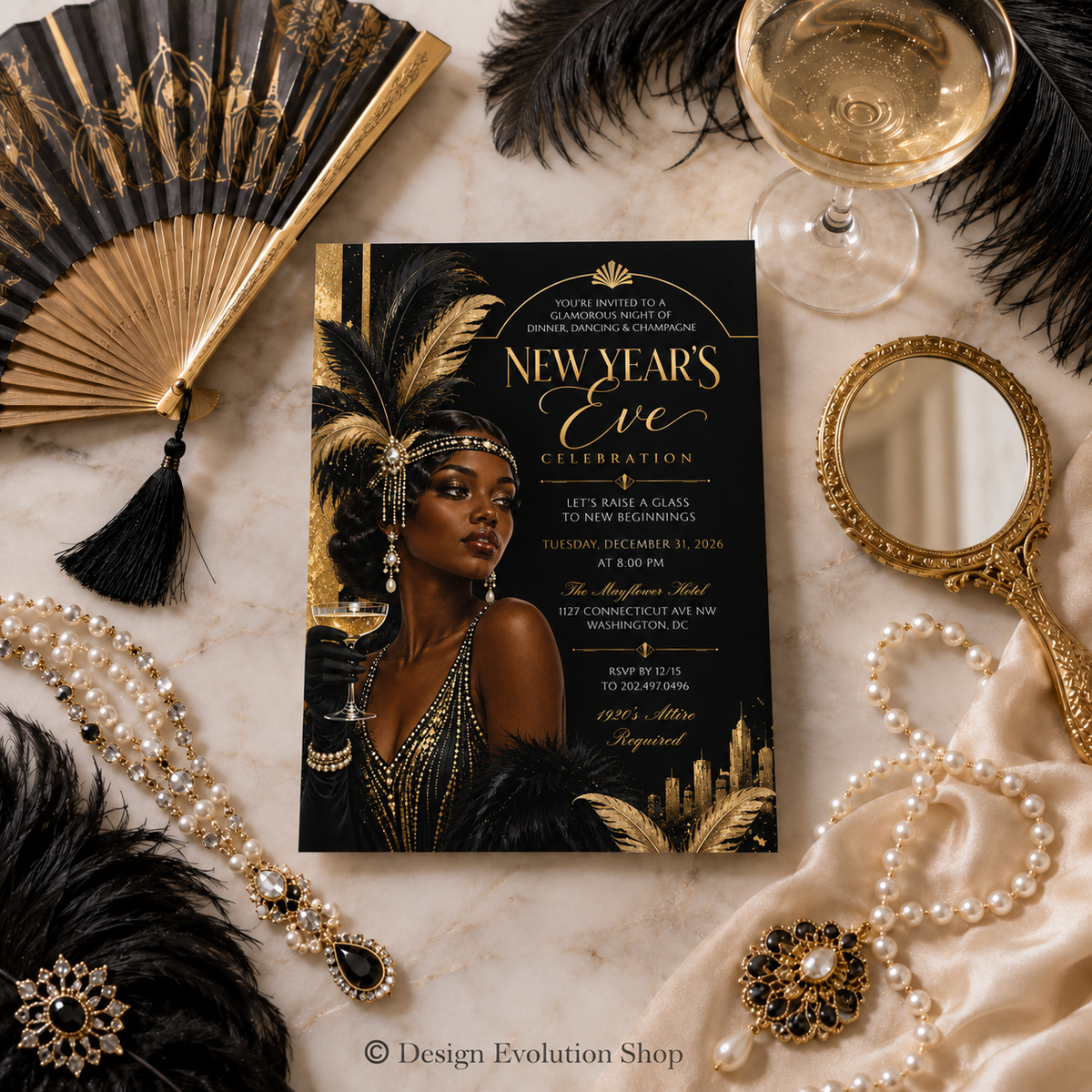 Art Deco New Years Eve Invitation | 1920s Harlem Nights Theme Invite | Editable Template
