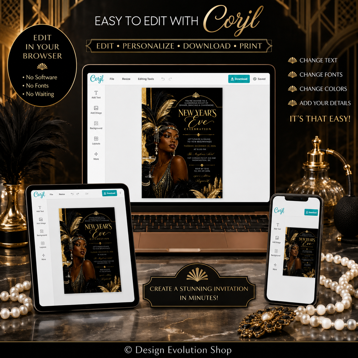 Art Deco New Years Eve Invitation | 1920s Harlem Nights Theme Invite | Editable Template