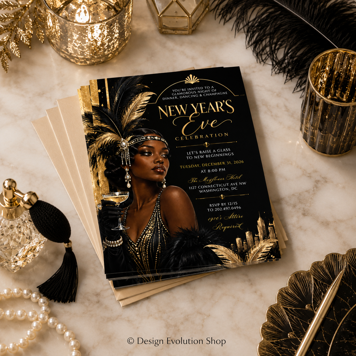 Art Deco New Years Eve Invitation | 1920s Harlem Nights Theme Invite | Editable Template