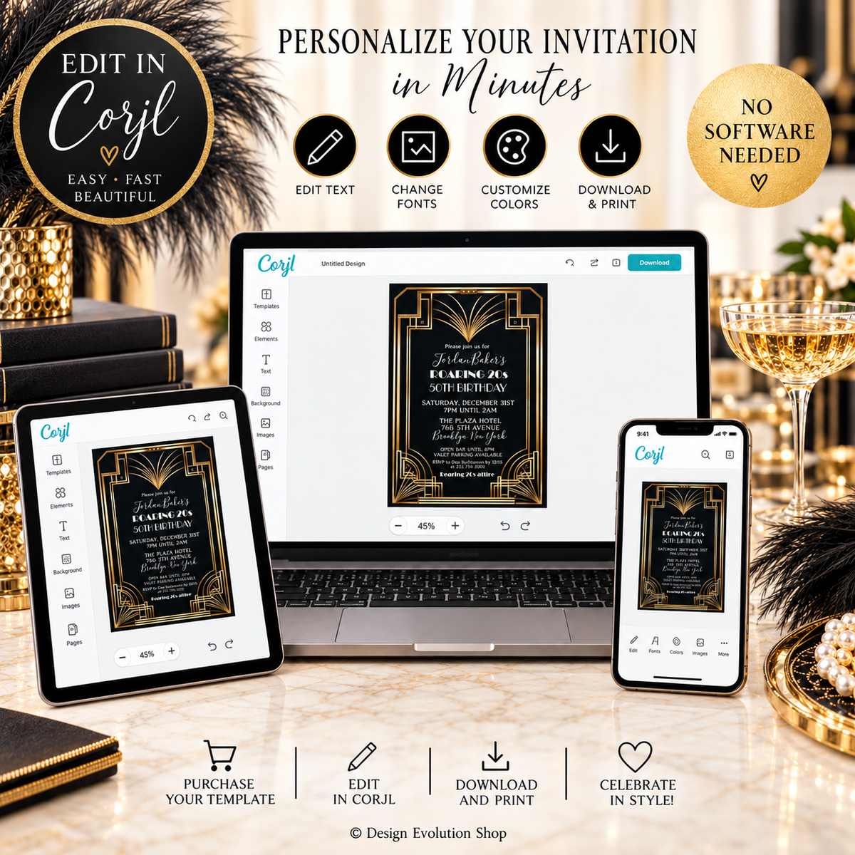 Roaring 20s Birthday Invitation | Art Deco Party Invite | Editable Template