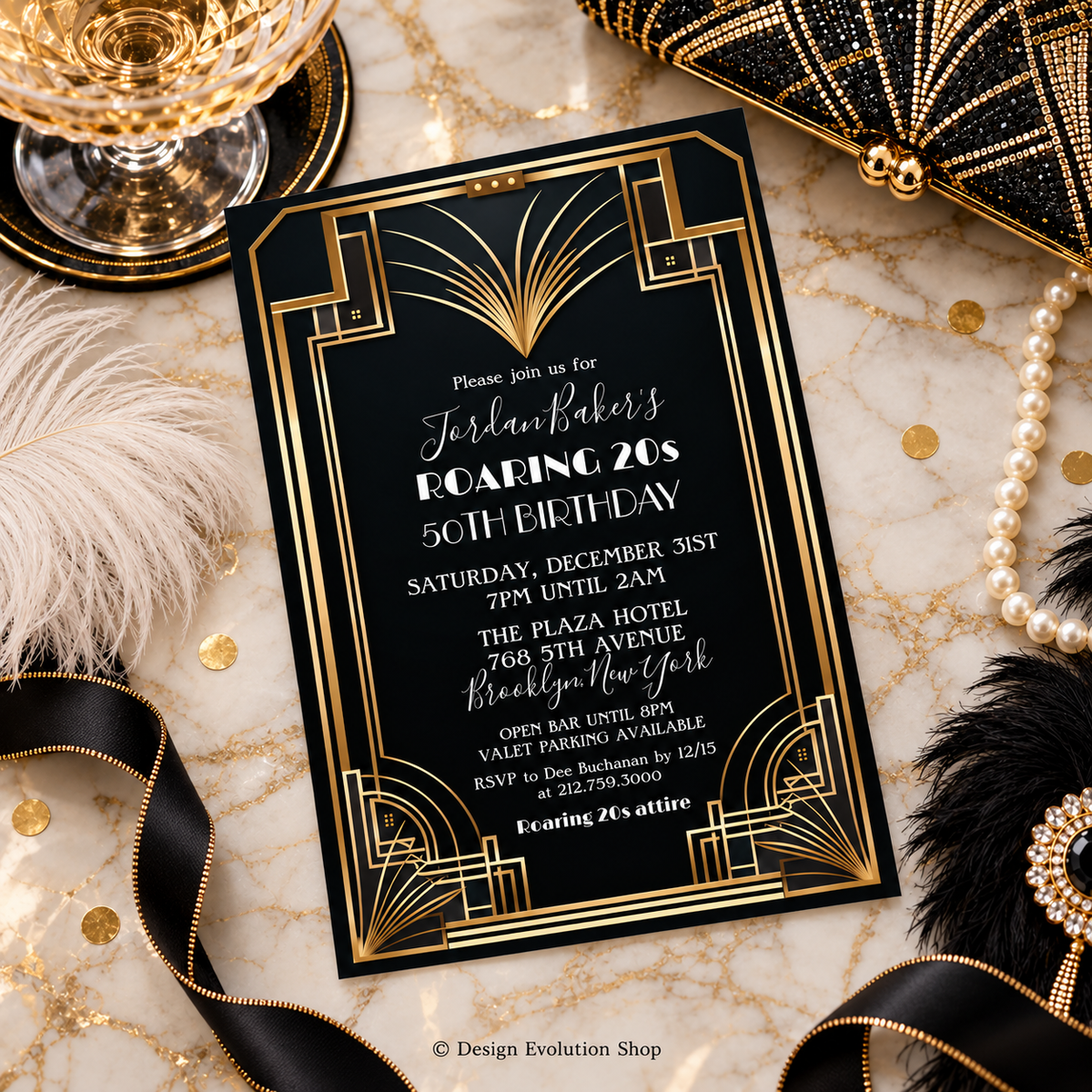 A black and gold Art Deco 50th birthday invitation card styled on a white marble background with gold confetti, a black and gold clutch, a pearl necklace, a feather, and ribbon.