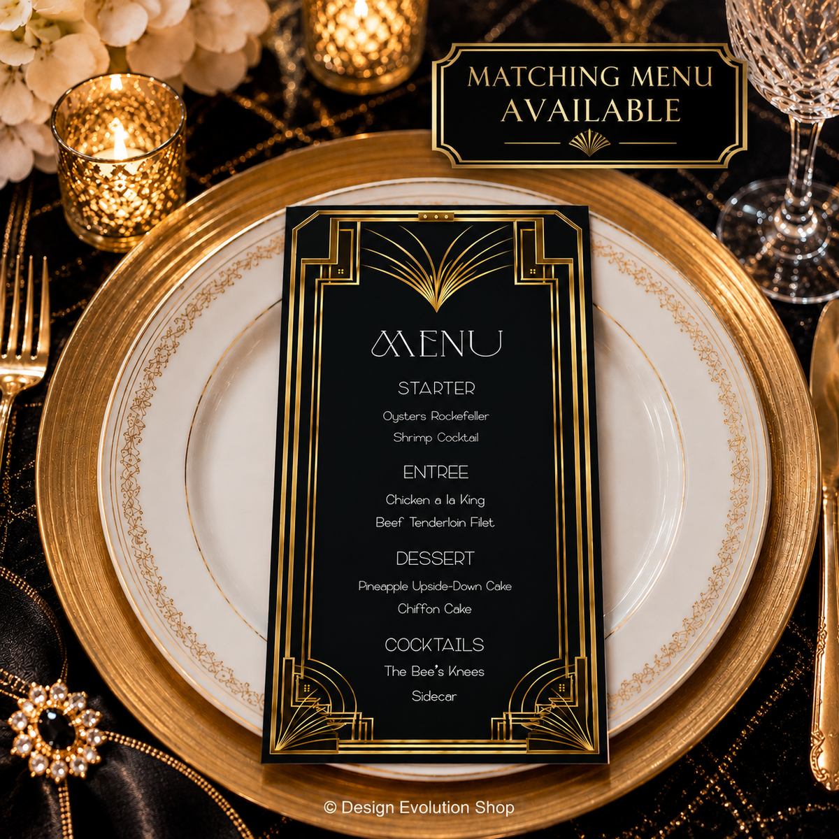 An elegant black and gold Art Deco style menu card displayed on a place setting with gold and white plates, lit gold tea lights, and a glass, with a 'MATCHING MENU AVAILABLE' banner at the top.
