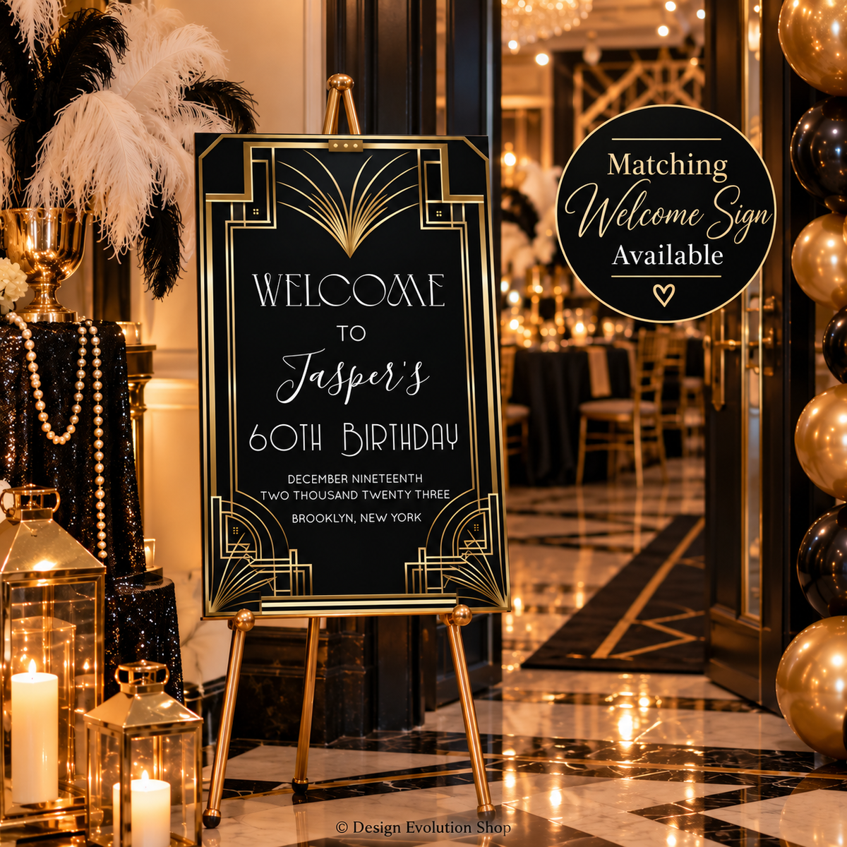 Art Deco style welcome sign on an easel in a decorated event venue. The black sign features gold geometric borders and elegant white text reading 'Welcome to Jasper's 60th Birthday' with date and location below.