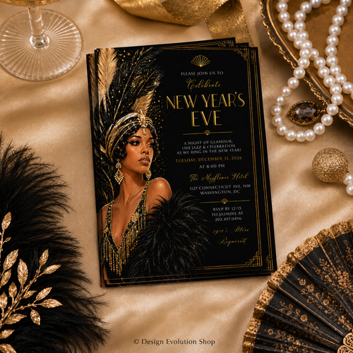 Art Deco New Years Eve Invitation | 1920s Harlem Nights Theme | Editable Template